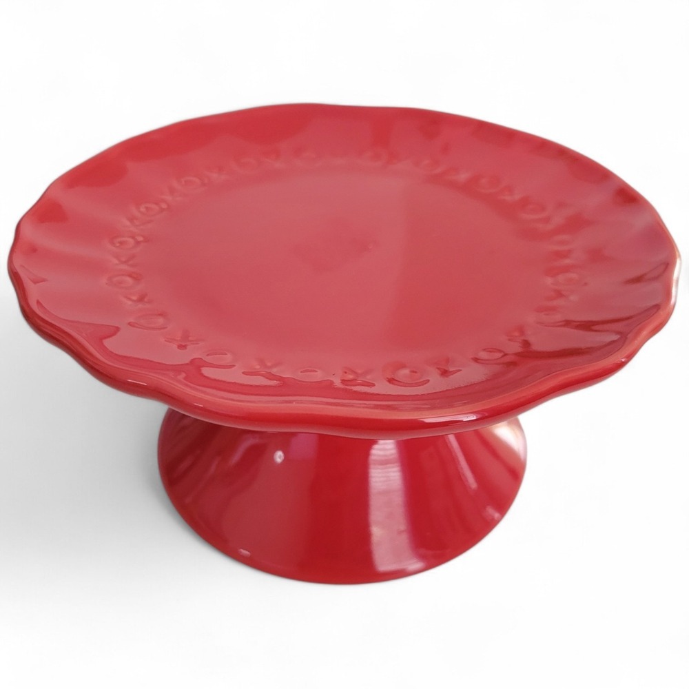 Pottery Barn Red Ceramic Dessert Stand XOXO Love Themed Small Pedestal EUC